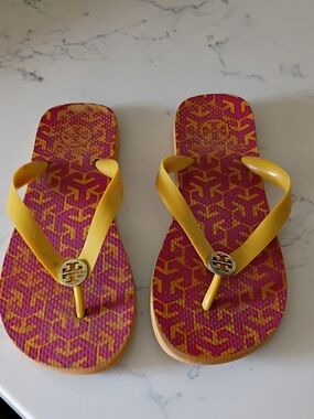 Tory Burch Rubber Yellow & Pink Logo Flip Flop Sandals